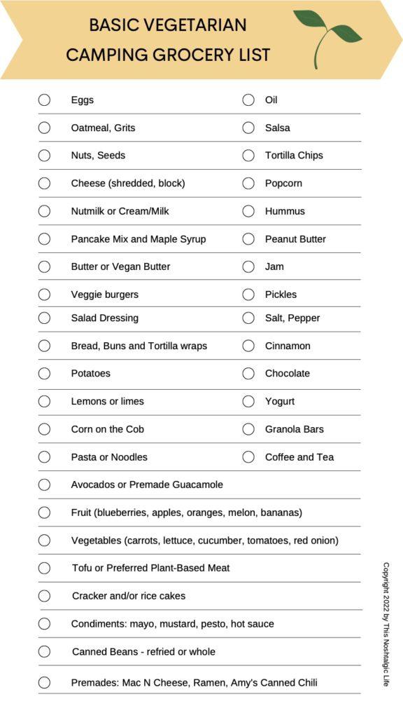 camping trip food checklist
