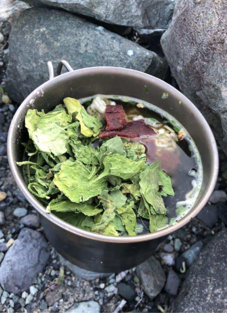 Dried spinach goes easily and tastily into a pot of ramen while camping. It adds nutritious content and flavor.
