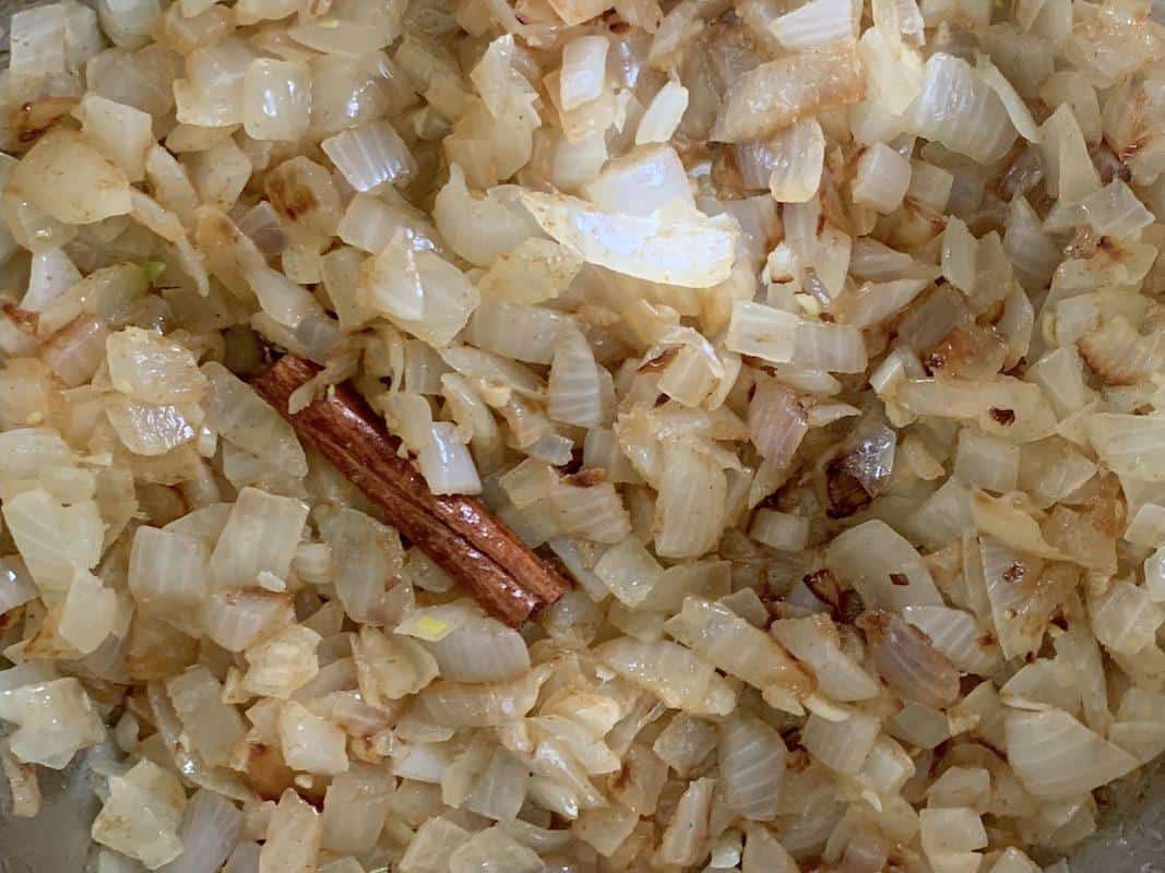Golden onions sauteed with cinnamon and spices to create a deep flavor.