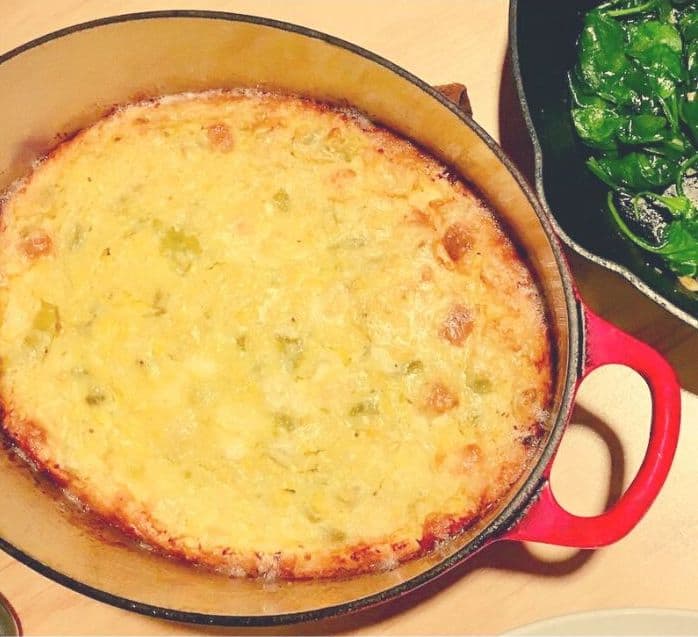 Served for many generations, this version of a classic corn casserole is bumped up a notch by the addtion of green chiles.