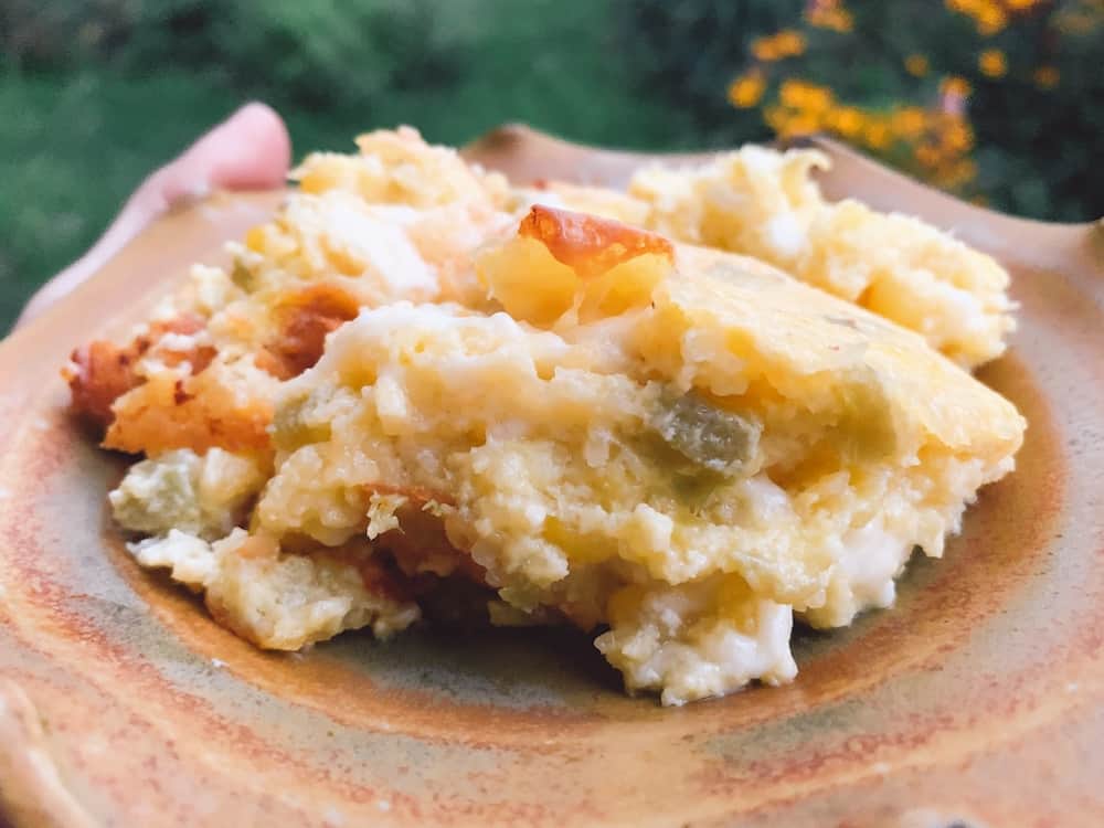 This serving of creamy and warm corn casserole is perfect for a fall evening meal.