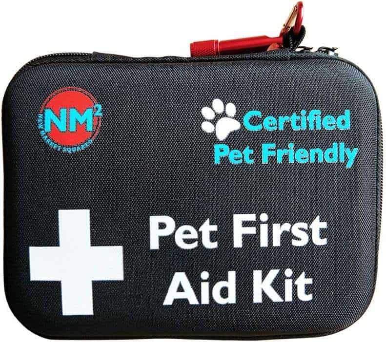A pet-specific first aid kit is an important item to bring when winter camping with dogs.