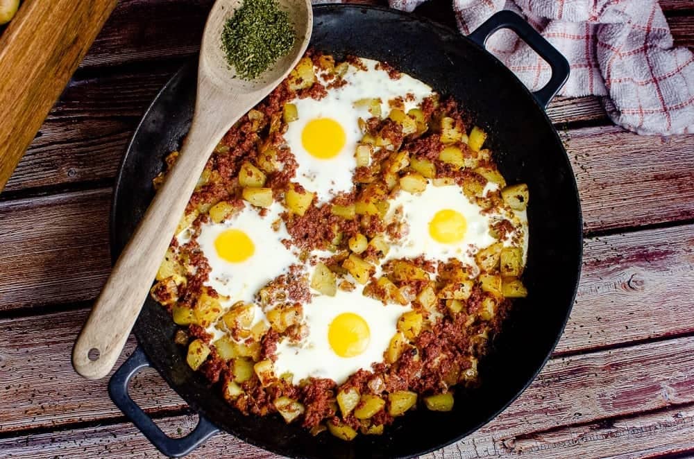 Corned beef hash is delicious with eggs.