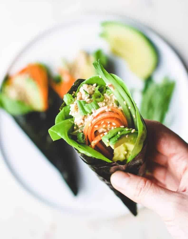 These hand rolled tuna sushi packets are cone shaped, easy to hold and filled with bright and fresh ingredients.