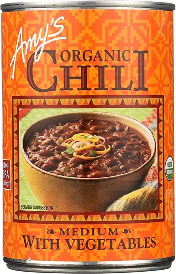 Amy's vegetarian chili is a super delicious canned options. Kids and adults alike will love it.