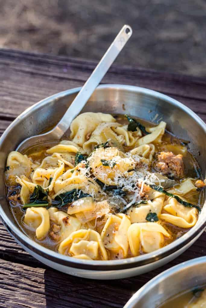 Tortellini makes a camping soup recipe ultra tasty.