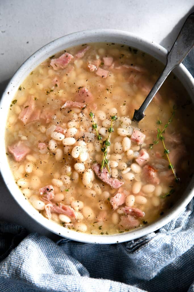 A favorite camping soup recipe is one that has lots of beans in it simmered with ham!