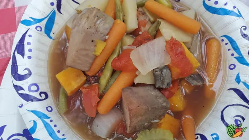 Canned jackfruit is used in this vegetable soup for camping.