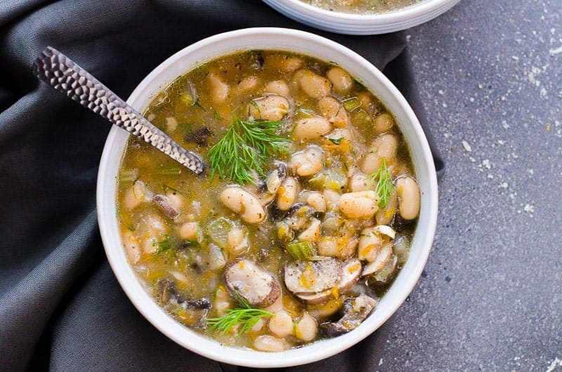 Bean and mushroom soup is a satisfying option for a plant-based soup when texture and flavor are important.