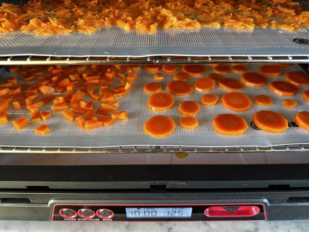 Dehydrating carrots at 125 degrees for 10 hours is standard. 