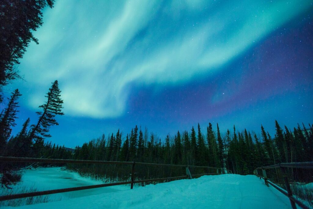 The sky during a northern lights tour Fairbanks, Alaska will be a memory you don't forget. Bright blues swirl in the sky and reflect against the snow.