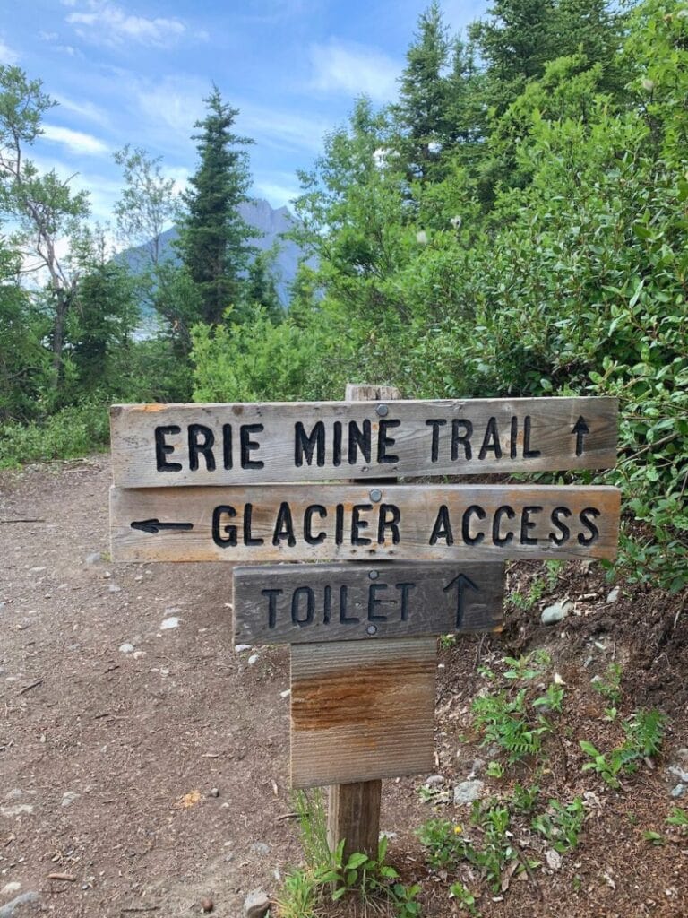 Rustic wooden trailhead sign with directions for 'Erie Mine Trail,' 'Glacier Access,' and 'Toilet,' surrounded by lush greenery with a mountain peak visible in the background on a cloudy day.