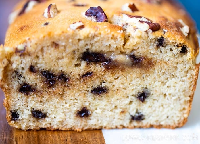 Keto bread looks delicious with sugar-free chocolate chips. It's a great camping food idea for camping.