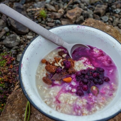 Fruity and spicy oatmeal with a dab of almond butter is a true energy-packed backpacking oatmeal.