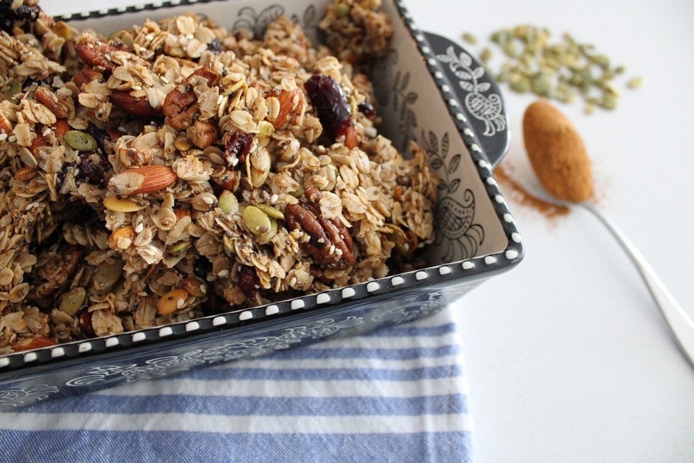 Super healthy granola is the classic make ahead breakfast. This one has almonds, pumpkin seeds, pecans and more!
