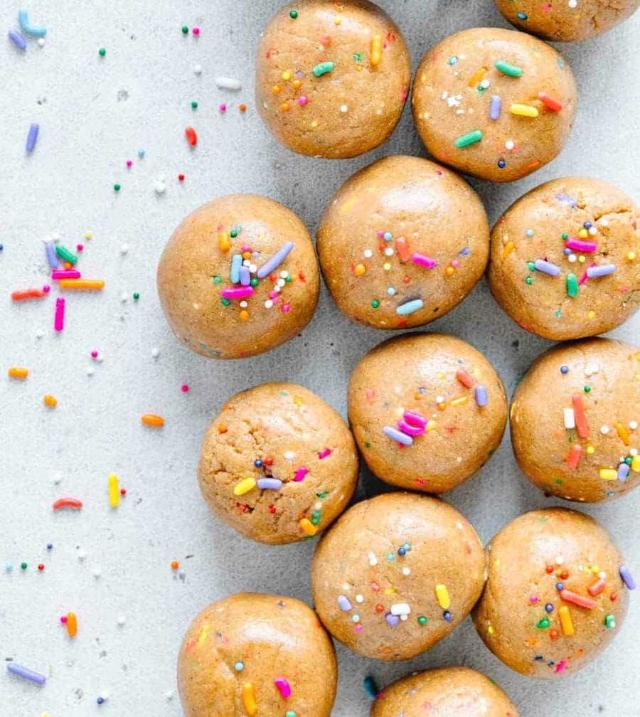 These cute little protein bites are dotted with colorful sprinkles.