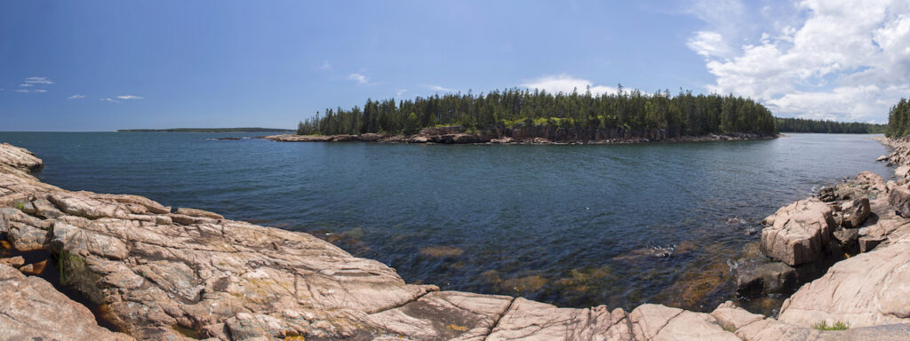 This is a Panoramic ocean view of Ship Harbor Trail in Acadia National Park, Maine.