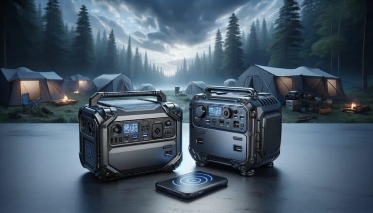Two portable generators sit in the foreground on a table. In the background the vening sky is seen with glowing tents spotted throughout the landscape. Tall evergreens rise high over the scene.