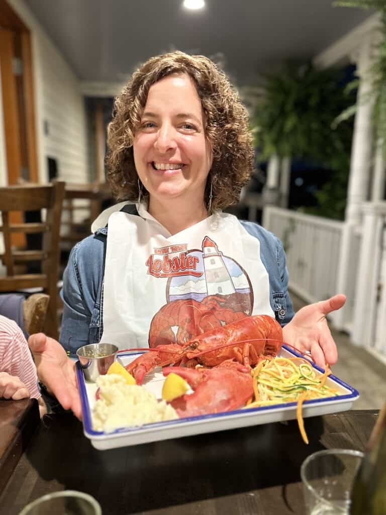 Here I am quite happy to have gotten the last lobster dinner available at Fin and Fern. So I put on my lobster bib and a big grin.