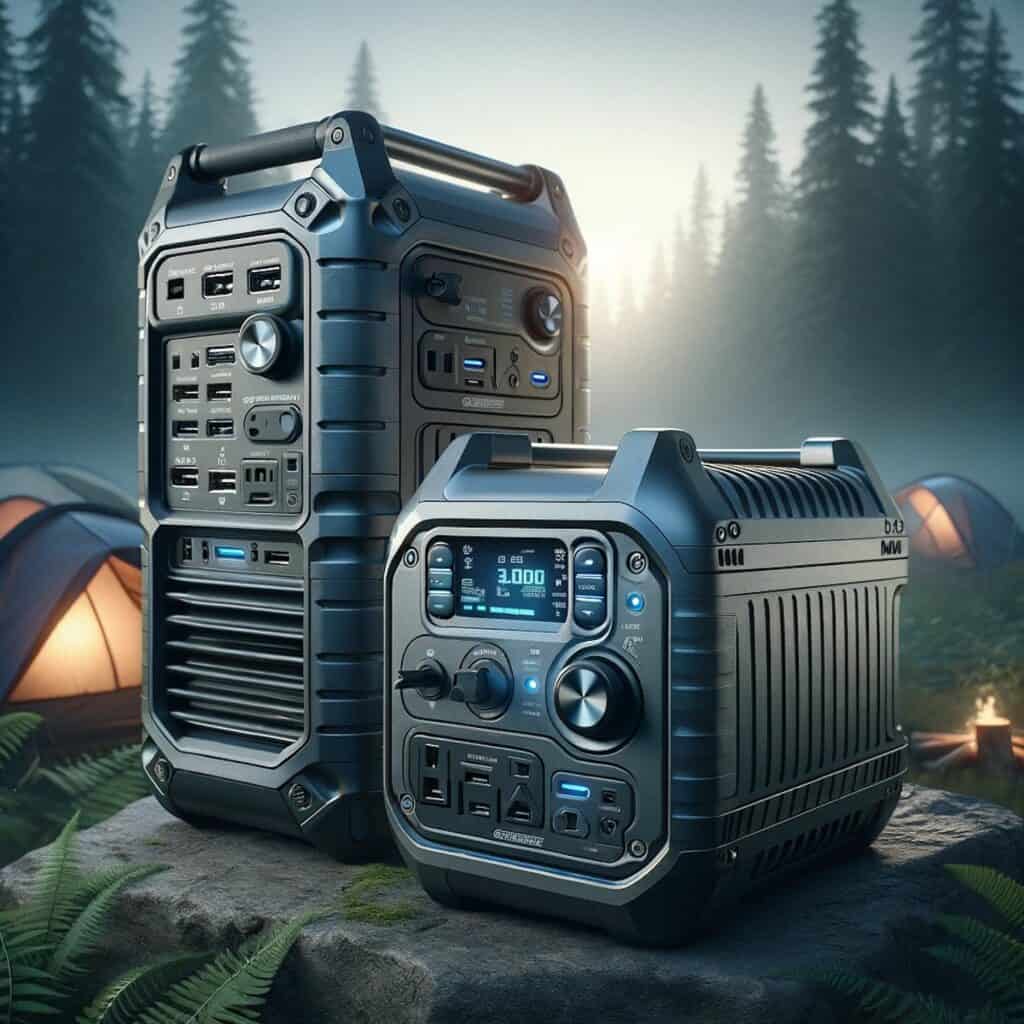A tall rectangular portable generator and a square-shaped generator sit on a rock with a forest scene behind them. THere are two glowing tents in the dim light and towering evergeeen trees.