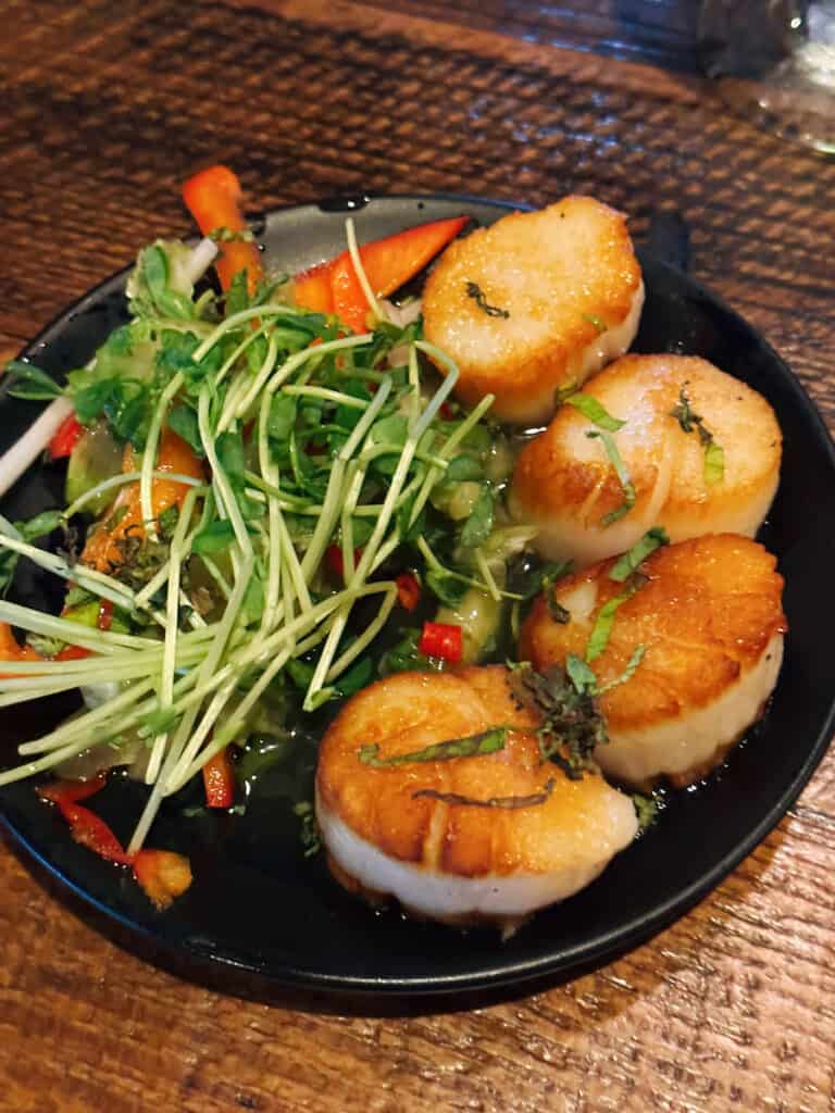 Thai scallops are browned and served on a black plate with a topping of fresh pea greens.